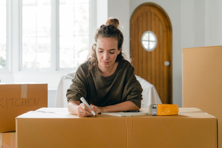 A man wearing a yellow t-shirt and blue jeans stands indoors, holding a clipboard and pen, seemingly preparing for a home relocation or moving process. Around him are several open cardboard boxes, som